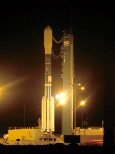 Fig. 1.3.2 Aqua installed on DELTA II several hours before launch at Vandenberg Air Force Base on May 4, 2002